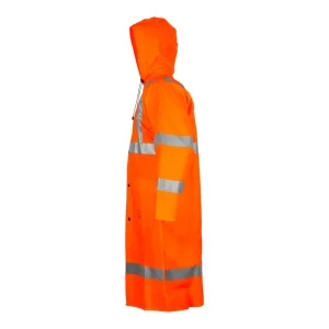 Manteau étanche de protection haute visibilité orange fluo avec capuche - vue de profil