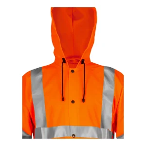 Détail de la capuche avec cordon de serrage et des boutons-pression sur manteau orange fluo