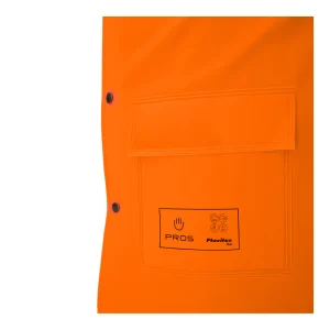 Zoom sur la grande poche basse à rabat avec logo PROS Plavitex fluo sur manteau orange
