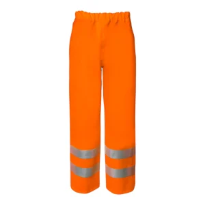 Hochsichtbare, fluoreszierende orangefarbene Regenhose mit reflektierenden Streifen – Rückansicht