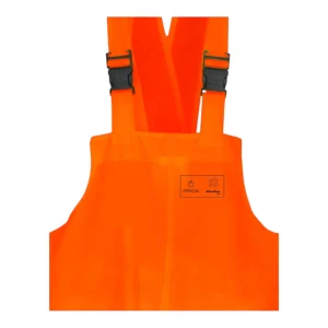 Détail du plastron orange fluo avec boucles de fermeture et logo PROS Plavitex fluo