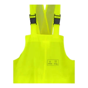 Détail du plastron jaune fluo avec attaches en plastique noir et marquage de sécurité