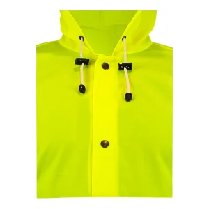 Détail du col et des cordons de serrage de la capuche sur veste haute visibilité