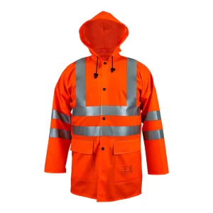 Pros Wear hochsichtbare, gewachste und wasserdichte Jacke, Modell 1101/R, fluoreszierendes Orange – Vorderansicht