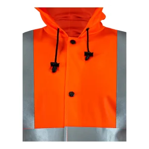 Détail du col et des cordons de serrage de la capuche sur veste orange fluo