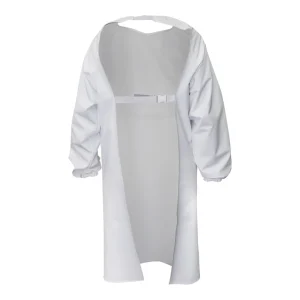 Blouse de protection étanche blanche avec attache dorsale et poignets élastiqués - vue de dos
