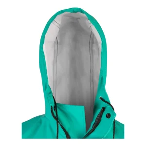 Détail de la capuche avec doublure grise sur le manteau de protection chimique vert pâle