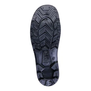 Détail des crampons de la semelle antidérapante de la botte de sécurité noire